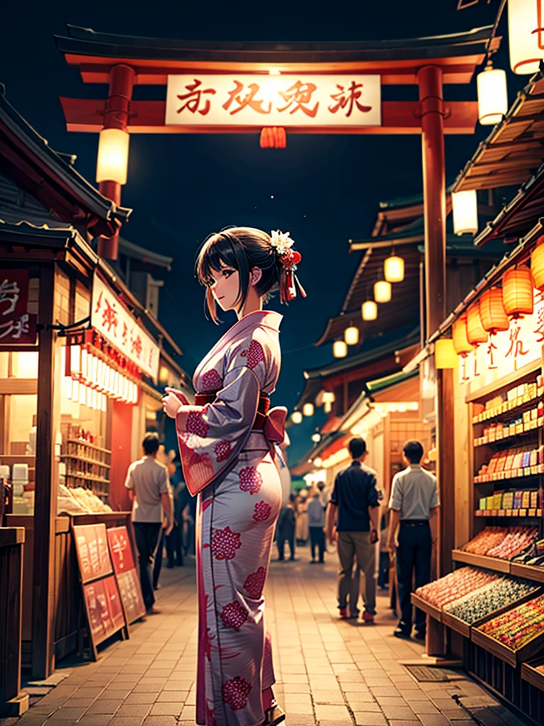 Highest quality,Highest Resolution,fair,Night Festival,shrine,Woman in yukata,stall,Opening a store,men and women,Couple,