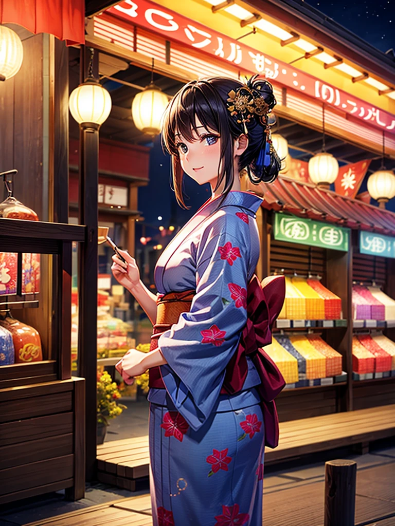 Highest quality,Highest Resolution,fair,Night Festival,shrine,Woman in yukata,stall,Opening a store,men and women,Couple,