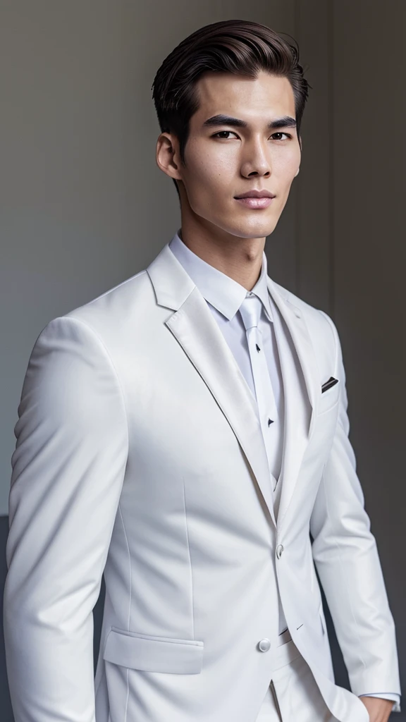 a tall boy with perfect skin a perfect face with 8k quality posing in a white suit   with Asian features  realistic photo 
