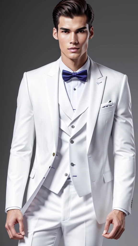 a tall boy with perfect skin a perfect face with 8k quality posing in a white suit   with Asian features  realistic photo 