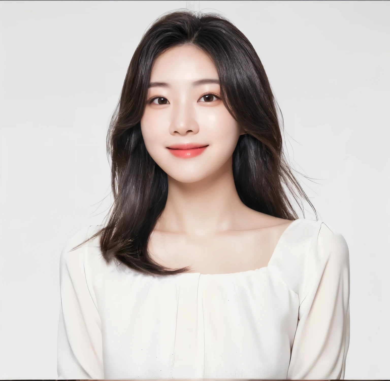 Best Quality, 8k, Masterpiece, (Portrait: 1.3), (photo realistic:1.4), (hyper realistic:1.4), Sharp Focus, looking at viewer, (smoother lighting:1.1), (increase cinematic lighting quality:0.9), realistic lighting, backlighting, light on face, ray trace, (brightening light:1.2), (Increase quality:1.4), sharp detail, (best quality real texture skin:1.4), finely detailed eyes, black_eyes, finely detailed face, 25 year old Korean woman, (white blouse:1.4), (Create an image maintaining the original base model hairstyle:1.5),smiling_face