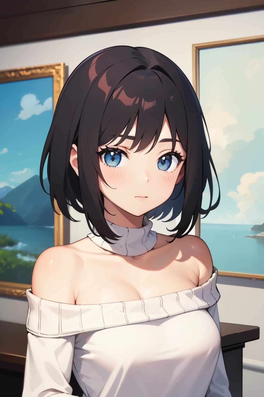 ((best qualityer)), ((work of art)), (detailded), 1 girl, shoulder to shoulder sweater,