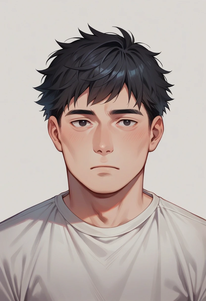 Portrait of a male face, Adolescent , black eyes and dull look, Short straight black hair, chubby, Black lenses, student clothes manga version 