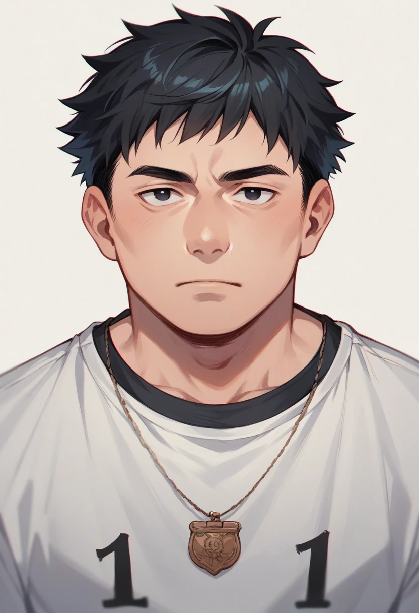 Portrait of a male face, Adolescent , black eyes and dull look, Short straight black hair, chubby, Black lenses, student clothes manga version