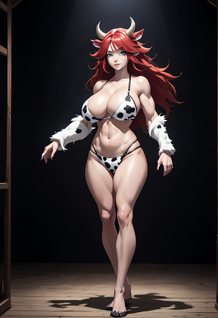 detailed illustration (side view),dynamic angle, ultra-detailed, illustration, clean line art, shading, anime, detailed eyes, detailed face, beautiful face, dramatic lighting, detailed illustration, dynamic angle, ultra-detailed, illustration,
Woman, well endowed breasts, short red hair, bikini, small cow horns on head, cow fur pattern on arms and legs, large woman, curvy, shapely, cow ears instead of human ears, monster girl, female minotaur, humanoid cow monster, half human half cow, standing in a well lit and spacious barn, massive breasts, incredible muscular, bulky body, highly feminine, cow monster girl, monster girl, hucow,