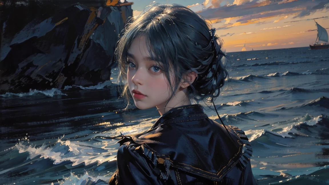 night,Oil painting style,The back of a girl,Blue Hair,Close-up of face,Upper Body,Background is the sea,Late Night,Exquisite eyes,Wear a cotton jacket