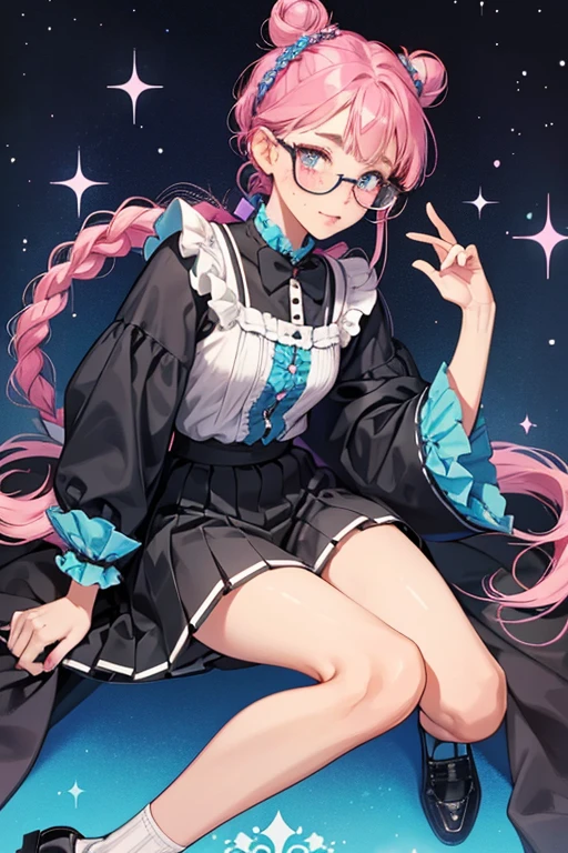 Teacher's Pet has dark tan skin and freckles, and she has turquoise eyes that she wears big black glasses over. Her lips are pink and she has very faint blush. Her magenta hair is worn up in buns held by a braid around the base, where a small azure bow rests. Her bangs are straight cut with a tiny split on the side. Her hair is coated in glitter and she keeps her normal bows and glasses. Her socks gain two black stripes around the top and her shoes turn azure. She wears a glittering silver long-sleeved  top with azure collar and two stripes on each sleeve. Her skirt is traded for a glittering blue pair of short-shorts trim with ruffles.  SPARKLE; GLITTER