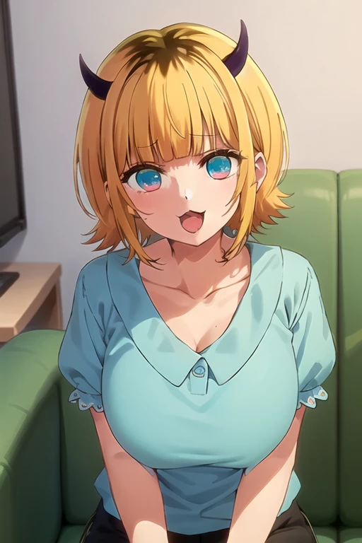 best quality, masterpiece, detailed,
memcho,
open mouth, :3, happy,
short hair, blonde hair, multicolored hair, aqua eyes, blunt bangs, horns,, collarbone, puffy sleeves, Cleavage:1.5、standing, on couch, looking at the viewer,
indoors、Huge breasts