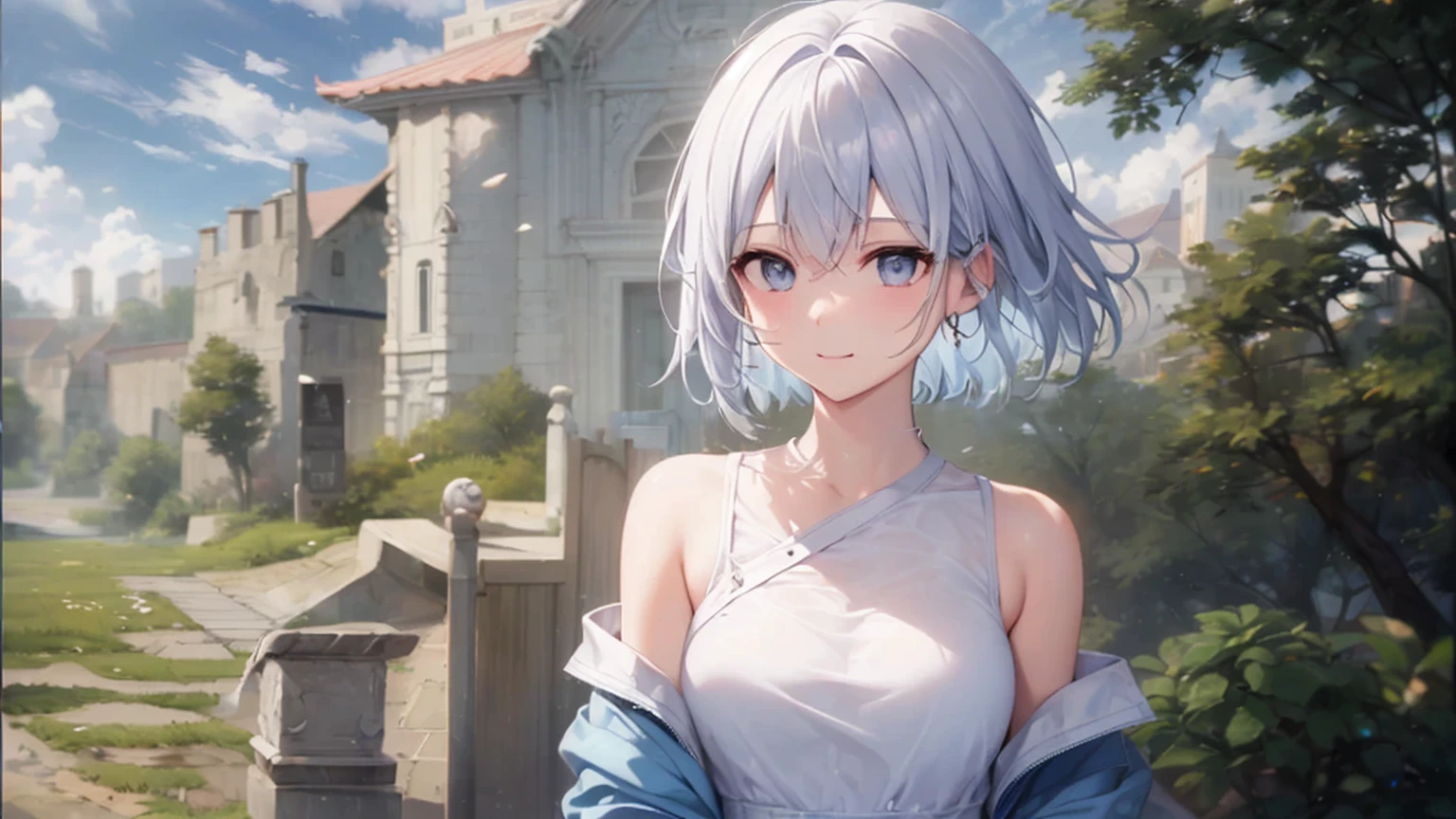 Her eyes were shining、Mysterious and enchanting atmosphere。With AI Painting、とてもShort Hair, Long bangs between the eyes, Very detailed,(masterpiece、Highest quality)、alone、Gray Hair、Fantasy, Silver Hair, Fantasyな風景、White shirt、smile、Open your mouth、Scarf、short hair、Short Hair、hairpin、black eye、Grey Eyes、Beautiful Eyes