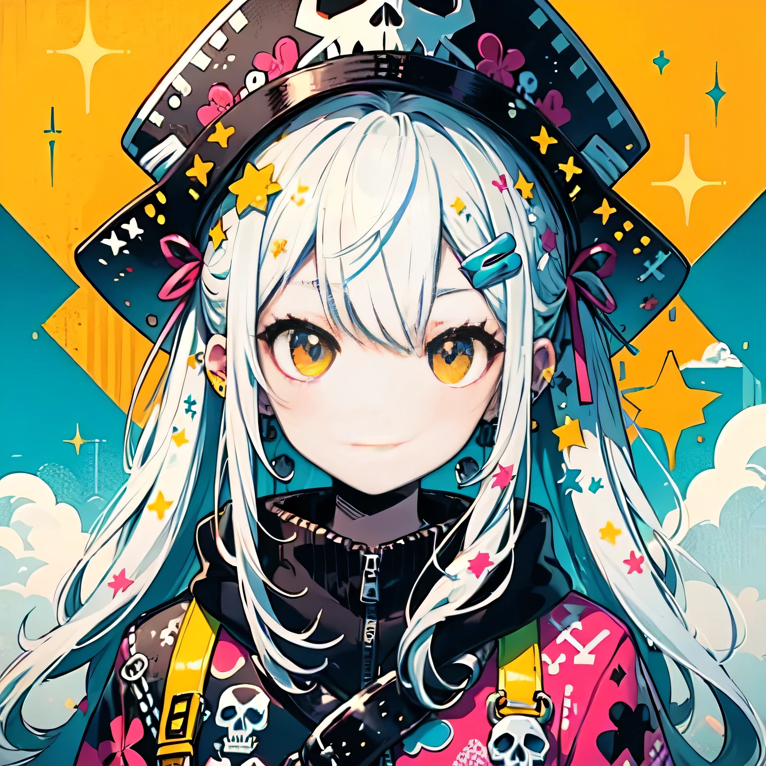Black Star Red and White style、"cute, beautiful, Adorable girl wearing pink clothes, yellow, and baby blue color scheme. She is wearing a costume with a SKULL motif inspired by a female pirate.。.。.。.... stylish hat, Rock、Comes with decorative accessories such as hair clips. Embodying the vibrant and modern Harajuku fashion style。The background is a pirate ship
