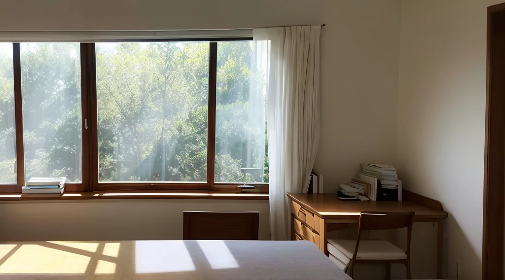 Daytime, room, windowsill, desk, slumber, twilight, white light, sunlight shining through the trees, glasses on the desk, gentle breeze