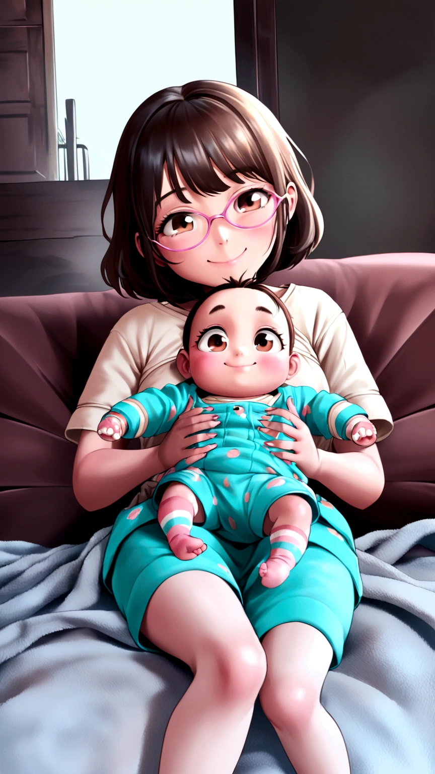 A young girl sitting on a sofa holding a baby in her lap pixar style, baby with dark brown eyes and little hair smiling
