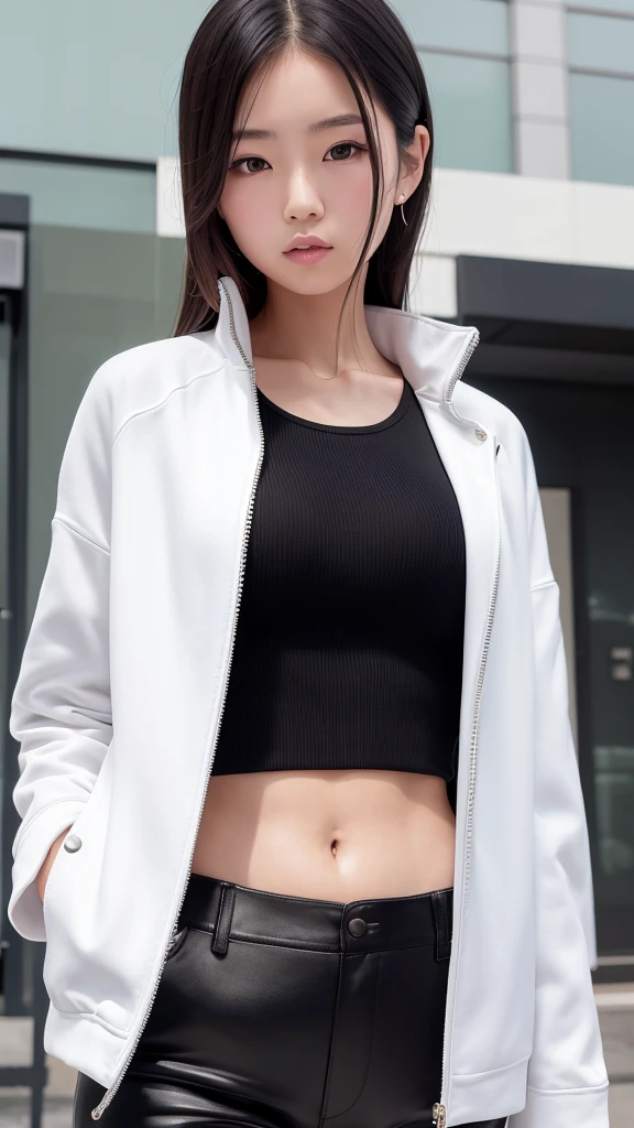 Japanese girl wearing white jacket, black crop top, black trousers, beautiful, six pack abs, realistic, 8k, model