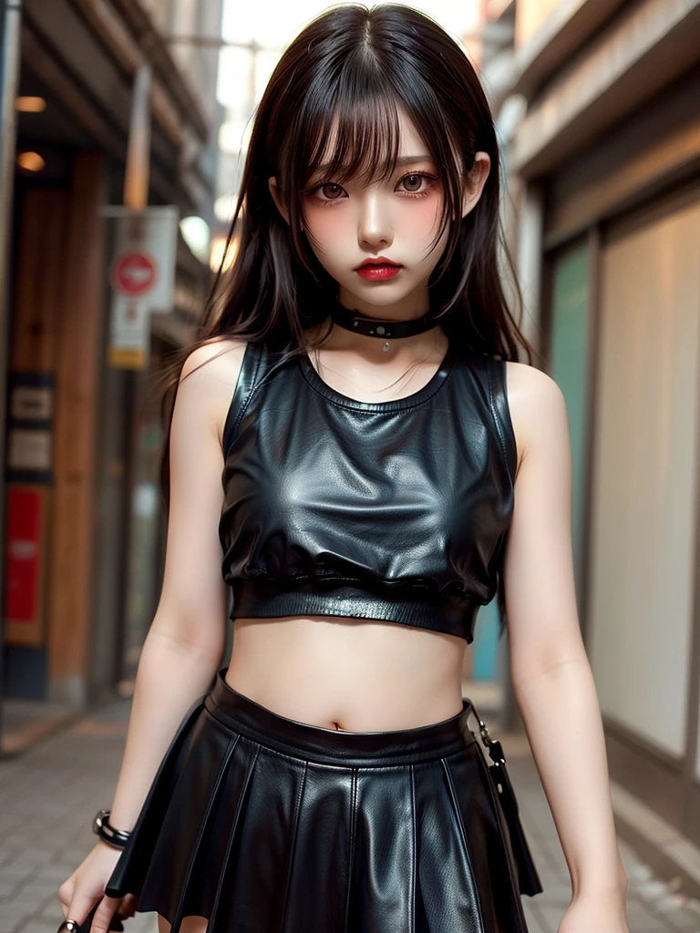 、so beautiful, Murderous, good looking, betrayal, anger, Dark Background, 8K, Dynamic Wallpapers, Very delicate, Very dark white tank top、Show your belly button、Leather tight mini skirt 1.5，