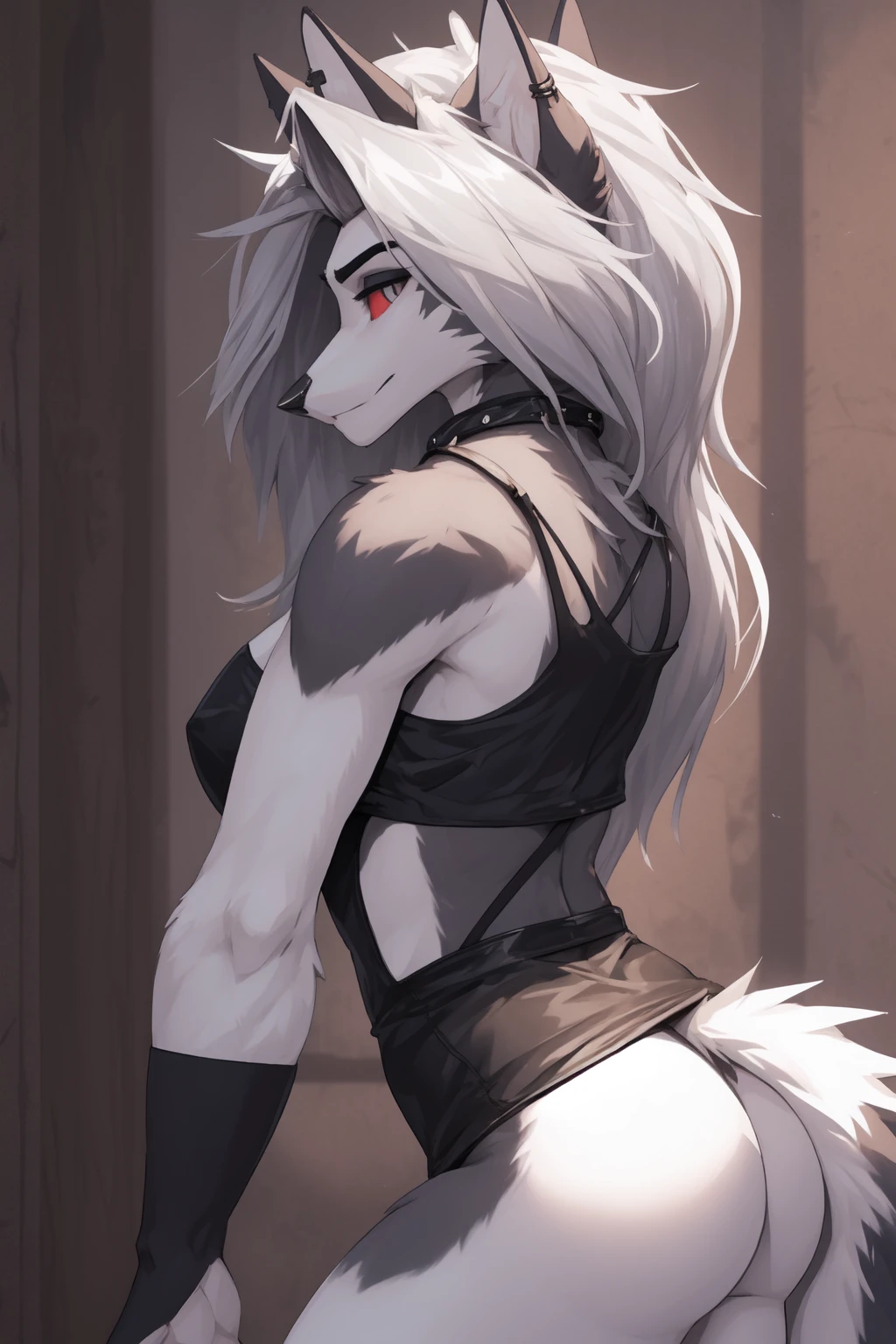 Loona, female, hellhound, busty, wearing a black sleeveless swimsuit, open back slip, backshot, side view, long hair, tail, looking at viewers, hd 8k, 
