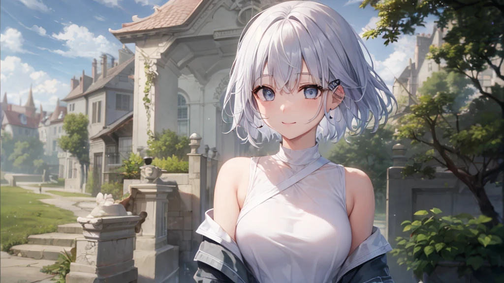 Her eyes were shining、Mysterious and enchanting atmosphere。With AI Painting、とてもShort Hair, Long bangs between the eyes, Very detailed,(masterpiece、Highest quality)、alone、Gray Hair、Fantasy, Silver Hair, Fantasyな風景、White shirt、smile、Open your mouth、Scarf、short hair、Short Hair、hairpin、black eye、Grey Eyes、Beautiful Eyes