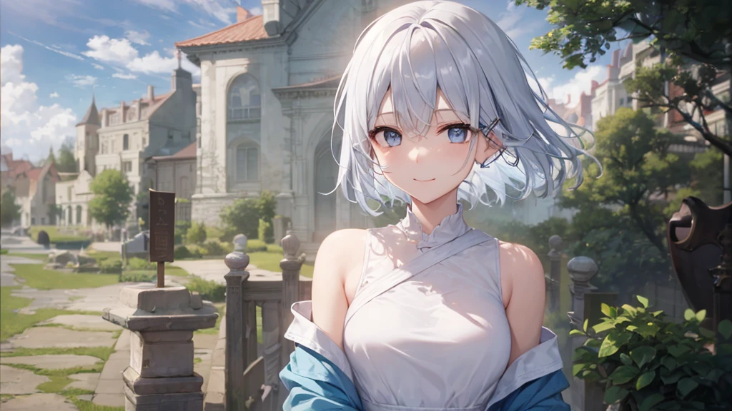 Her eyes were shining、Mysterious and enchanting atmosphere。With AI Painting、とてもShort Hair, Long bangs between the eyes, Very detailed,(masterpiece、Highest quality)、alone、Gray Hair、Fantasy, Silver Hair, Fantasyな風景、White shirt、smile、Open your mouth、Scarf、short hair、Short Hair、hairpin、black eye、Grey Eyes、Beautiful Eyes