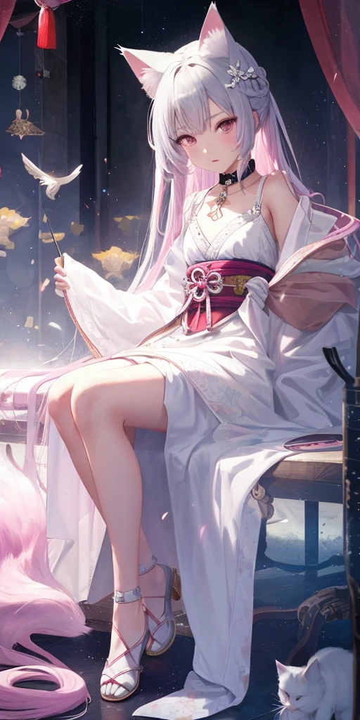 best quality, A girl, Warm lighting, The hair on top of the head is silver，The ends of the hair are pink, Lovely, 日本cartoon, Fair skin, Asian Girls, whole body, Sensual, Gentle eyes, Cat ears, cartoon, fantasy, Tempting, Shy face, 14 years old, Frightened, White Dress, collar, Tail, wizard, excellent, portrait, transparent