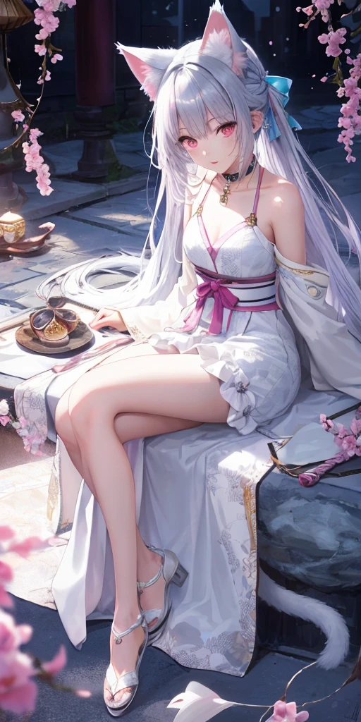 best quality, A girl, Warm lighting, The hair on top of the head is silver,The ends of the hair are pink, Lovely, 日本cartoon, Fair skin, Asian Girls, whole body, Sensual, Gentle eyes, Cat ears, cartoon, fantasy, Tempting, Shy face, 14 years old, Frightened, White Dress, collar, Tail, wizard, excellent, portrait, transparent