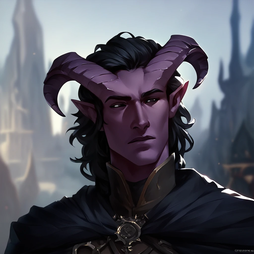 (((beautiful, high quality))), portrait, score_9, score_8_up, score_7_up, Tiefling, pointed ears, horns, 1boy, dark purple skin, black hair, total black eyes, black cape, fantasy background, blurred background, (((comely, high qualiy))), portraite, armors, Fantasy Background