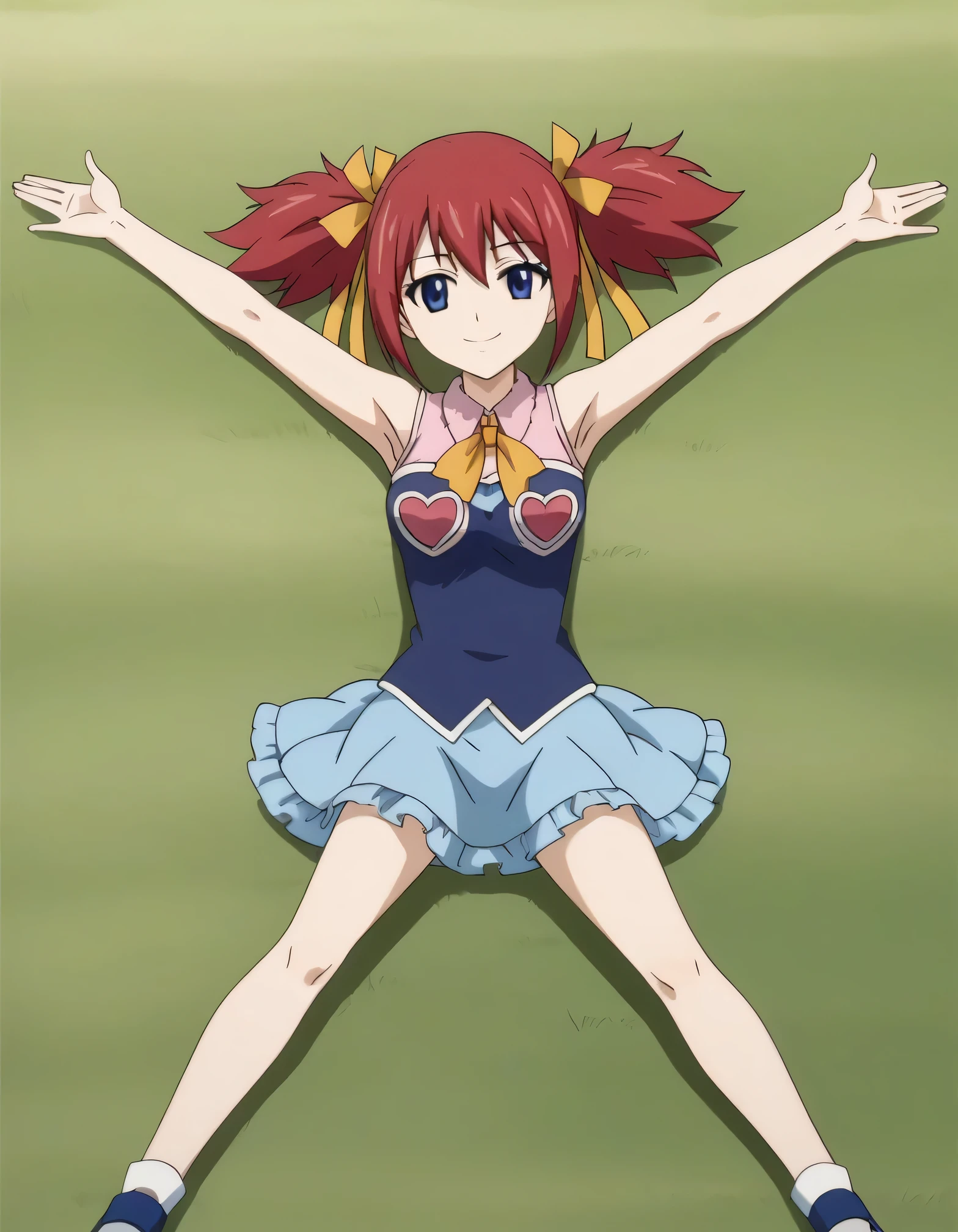 chelia_blendy, source_anime, rating_safe, intricate details, anime screencap, anime coloring, 1girl, solo, red hair, blue eyes, ribbon, hair ribbon, twintails, short twintails, looking at viewer, high quality, solo, lying, on back, arms up, spread arms, closed mouth, on grass, center, full body, looking at viewer, suggestive smile, best quality, spread legs,