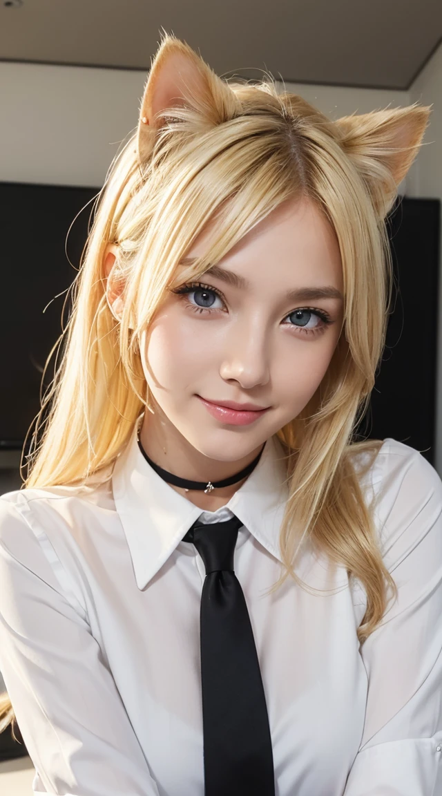 Browsing Caution, masterpiece, (Highest quality:1.2), (Sharp focus:1.2),, 1 Girl, Slim girl,, (blonde|Light_Yellow Hair), Cat ear,, Detailed face, young|Cute face, blush, Wicked Smile,, Natural Breasts, Thin arms,, White collared shirt and black tie, Black Choker,, In a modern office, indoor
