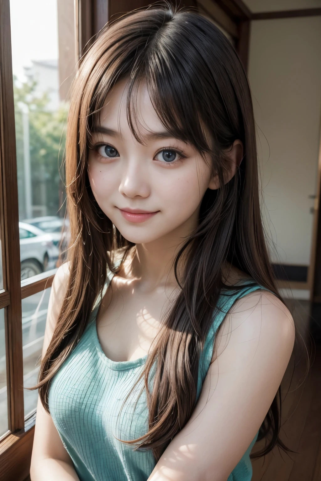 sleeveless, hypdertailed, girls from japan, 8K, LEI Photos, maximum quality, work of art, realisitic, Superdetalhe fotorrealisitic, A girl, cute, Best Smile, gorgeous eyes, long hair, perfect facial features,