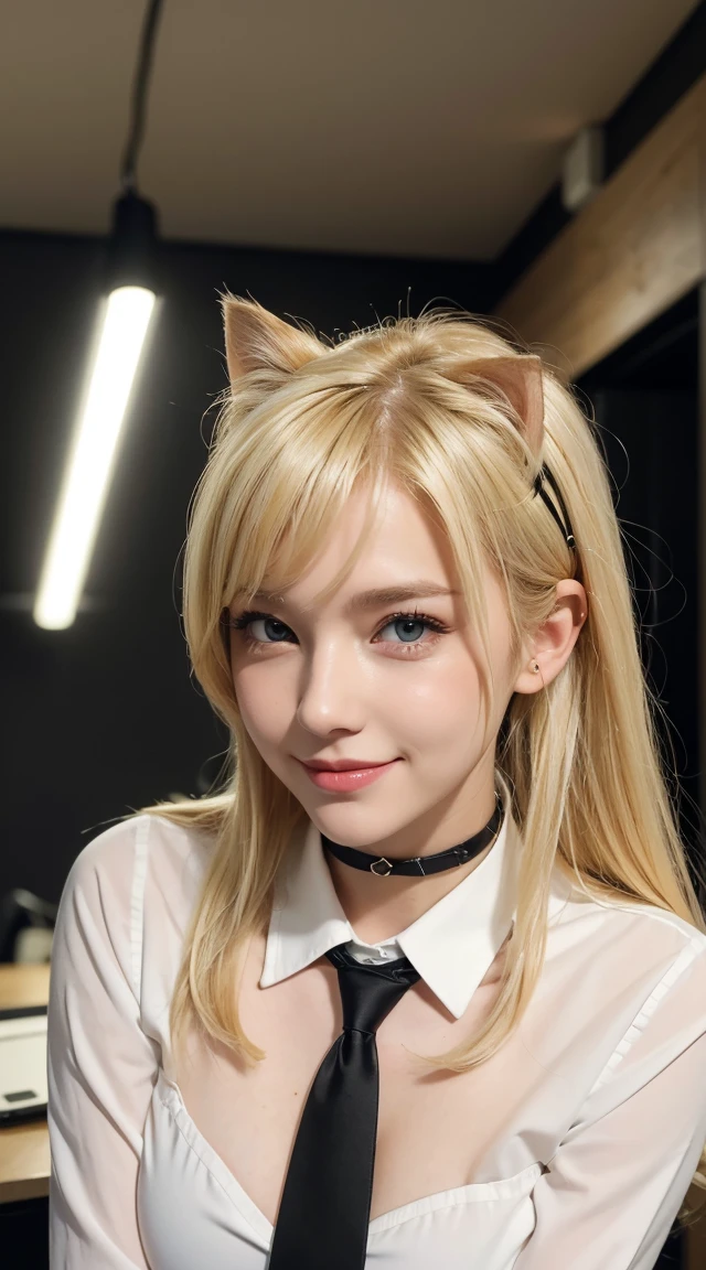 Browsing Caution, masterpiece, (Highest quality:1.2), (Sharp focus:1.2),, 1 Girl, Slim girl,, (blonde|Light_Yellow Hair), Cat ear,, Detailed face, young|Cute face, blush, Wicked Smile,, Natural Breasts, Thin arms,, White collared shirt and black tie, Black Choker,, In a modern office, indoor