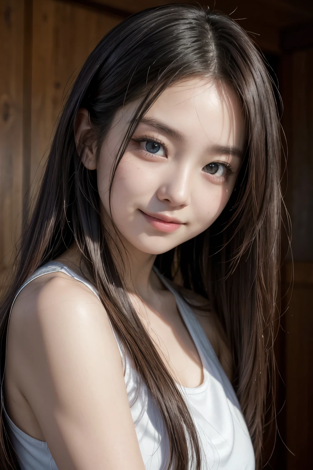 sleeveless, hypdertailed, girls from japan, 8K, LEI Photos, maximum quality, work of art, realisitic, Superdetalhe fotorrealisitic, A girl, cute, Best Smile, gorgeous eyes, long hair, perfect facial features,