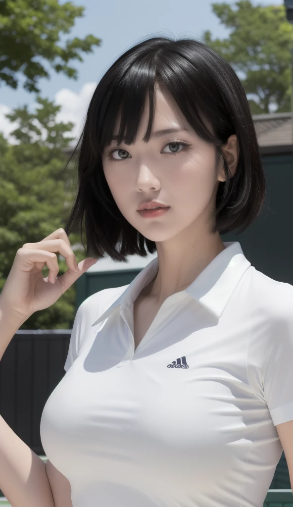 １People Women、shirt、Pleated skirt、42 years old、Bob Hairstyle、超Big Breasts、Big Breasts、、Japanese、Maid、Chromo white skin、Beautiful Eyes、Dignified face、（Big Breasts）、Play tennis、Wimbledon、Wearing white tennis wear、Cinema Lighting、Upper body portrait、