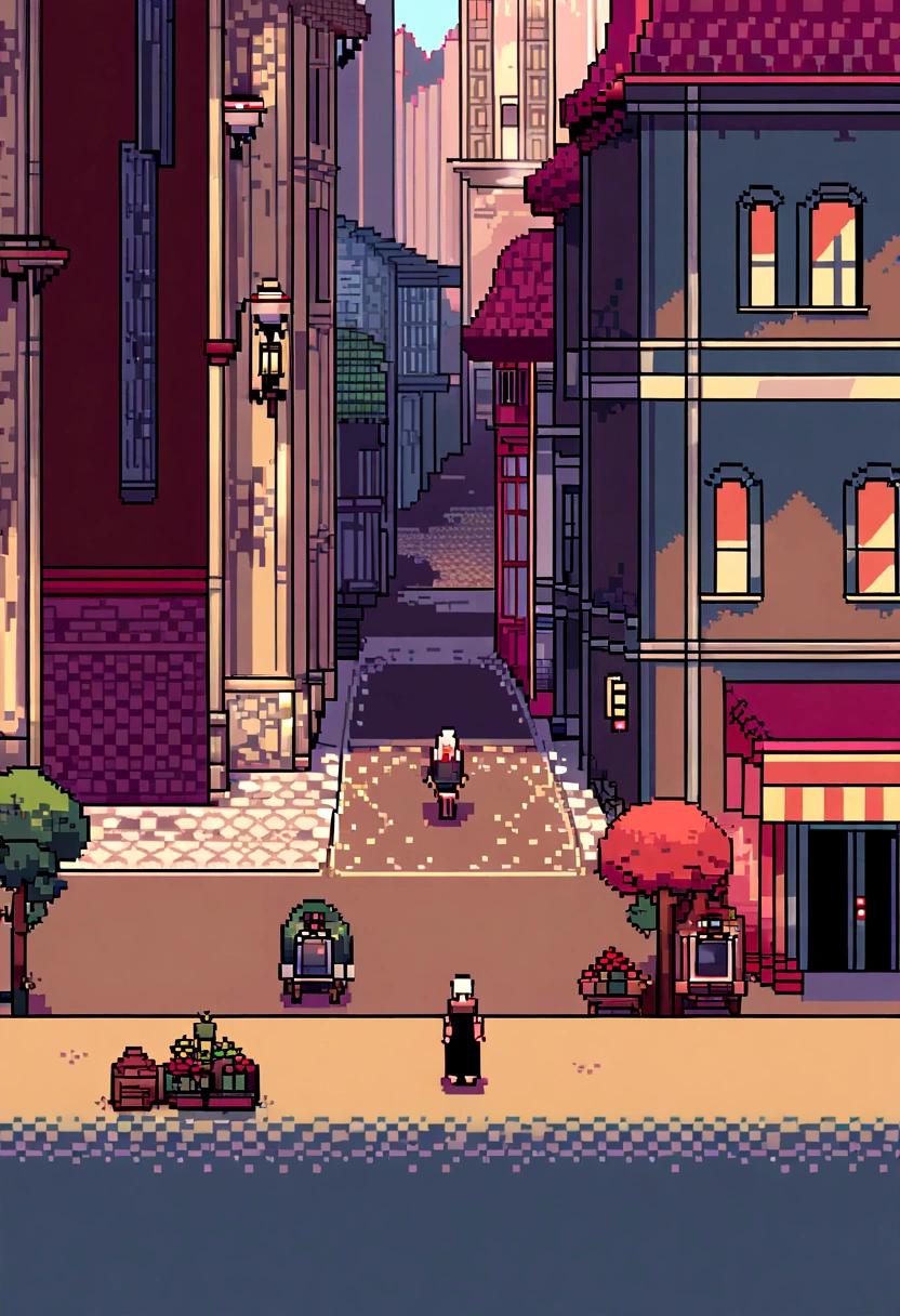 (Best Quality,high resolution), pixel art, vibrant colors, nostalgic atmosphere, Immersive gameplay, 16-bit graphics, pixel perfect controls, girl with her grandmother, Town