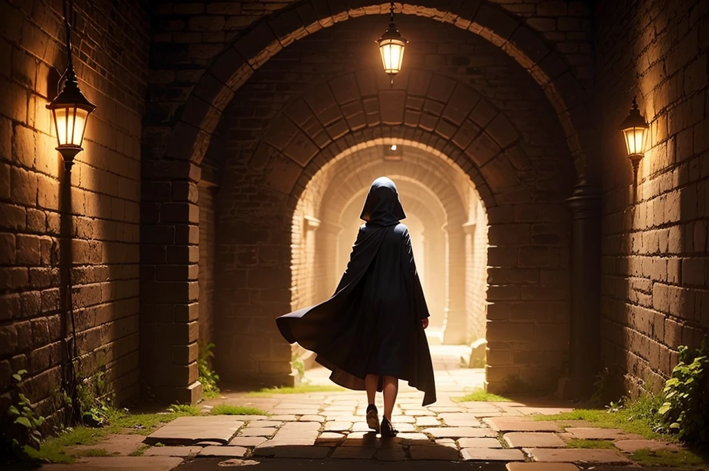 small cloaked girl enters dungeon, from behind, back shot, dark stone passage, fantasy dungeon, erotic lighting