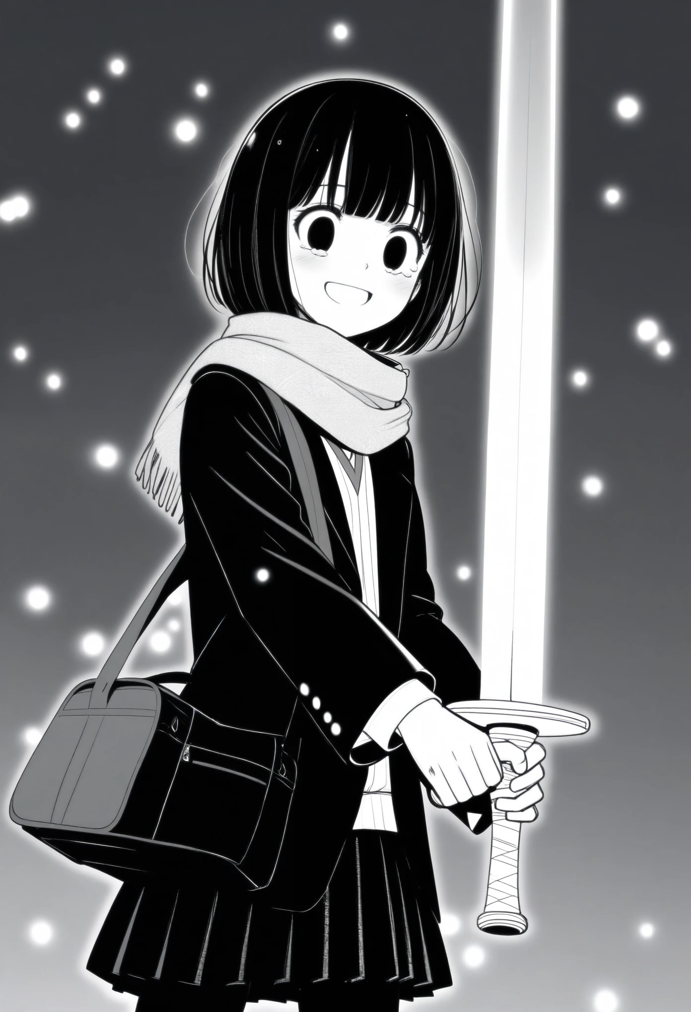 masterpiece, best quality, 1girl, mamerakkkkko, grayscale, manga style, japanese, chi no wadachi, black eyes, street, iced, black hair, schoolbag, smile, lineart, black coat, black scarf, black pleated skirt, leggings, centered, 18 years old, tall, fair skinned, bokeh background, crying, tears, tears streaming, bob cut, light particles, snowing, (((holding sword:1.3, holding with left hand, perfect hand, detailed hand:1.1)), emotional anime scene