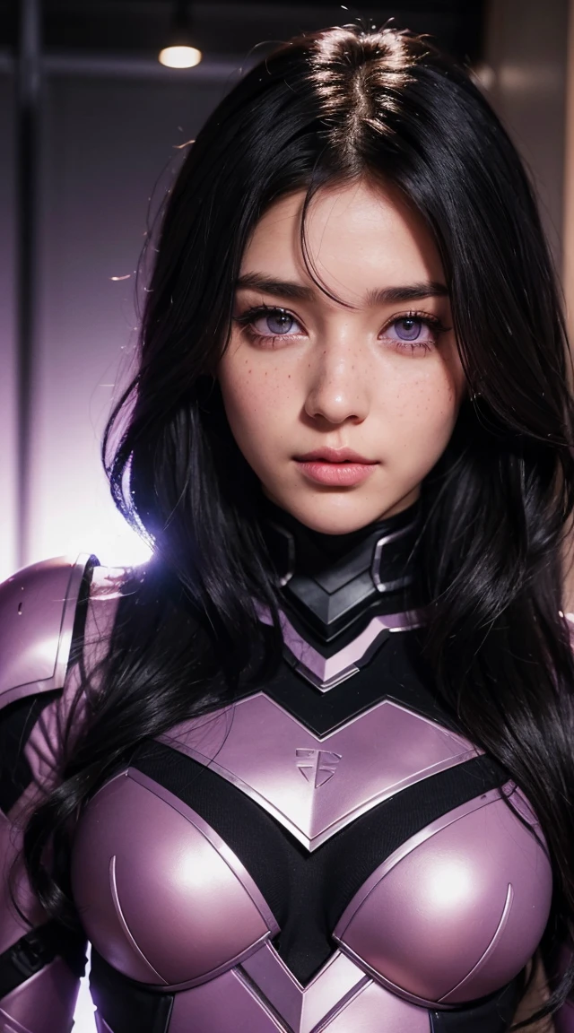A woman with wavy black hair and purple eyes, Black alien armor, freckles, blush, eye shadow, Cute face