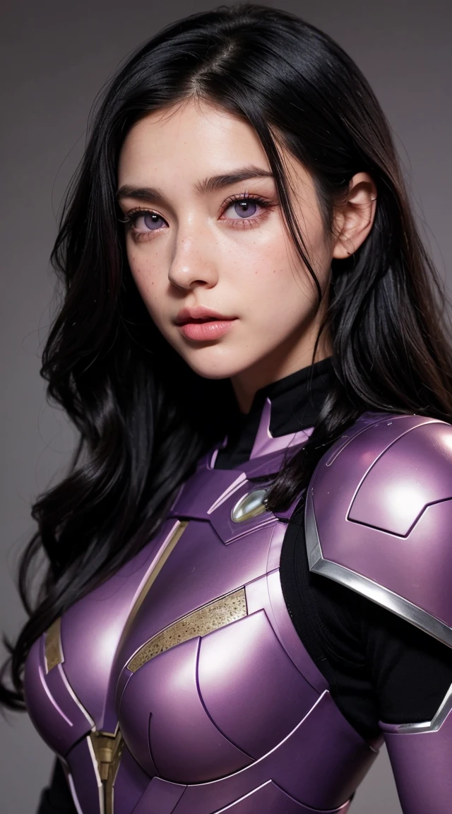 A woman with wavy black hair and purple eyes, Black alien armor, freckles, blush, eye shadow, Cute face