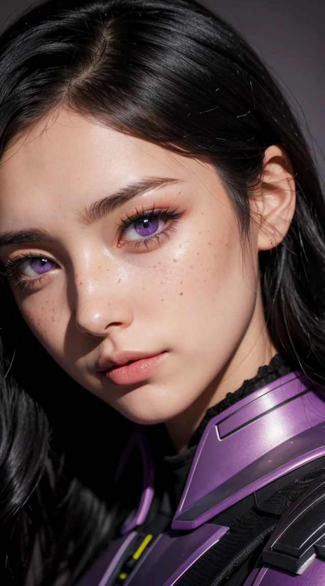 A woman with wavy black hair and purple eyes, Black alien armor, freckles, blush, eye shadow, Cute face