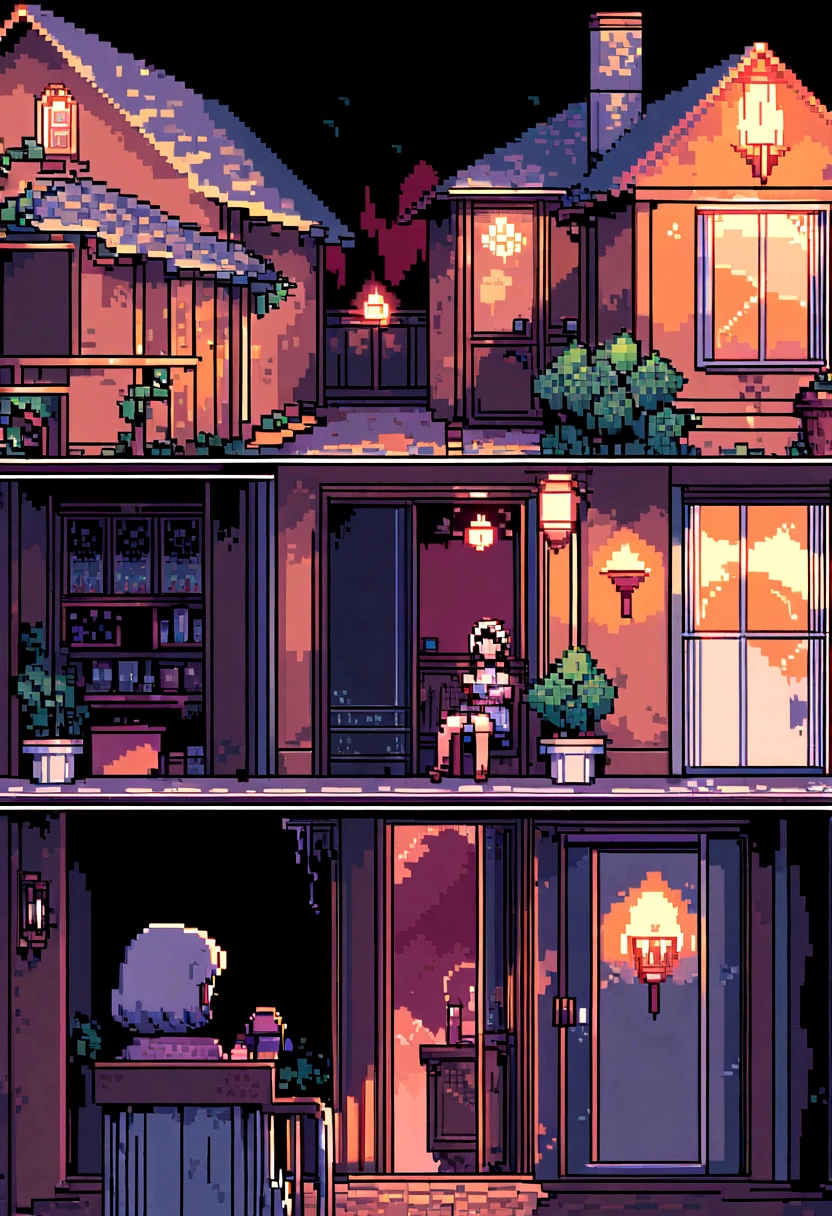 (Best Quality,high resolution), pixel art, vibrant colors, nostalgic atmosphere, Immersive gameplay, 16-bit graphics, pixel perfect controls, Grandmother, granddaughter, talking on the porch, Town