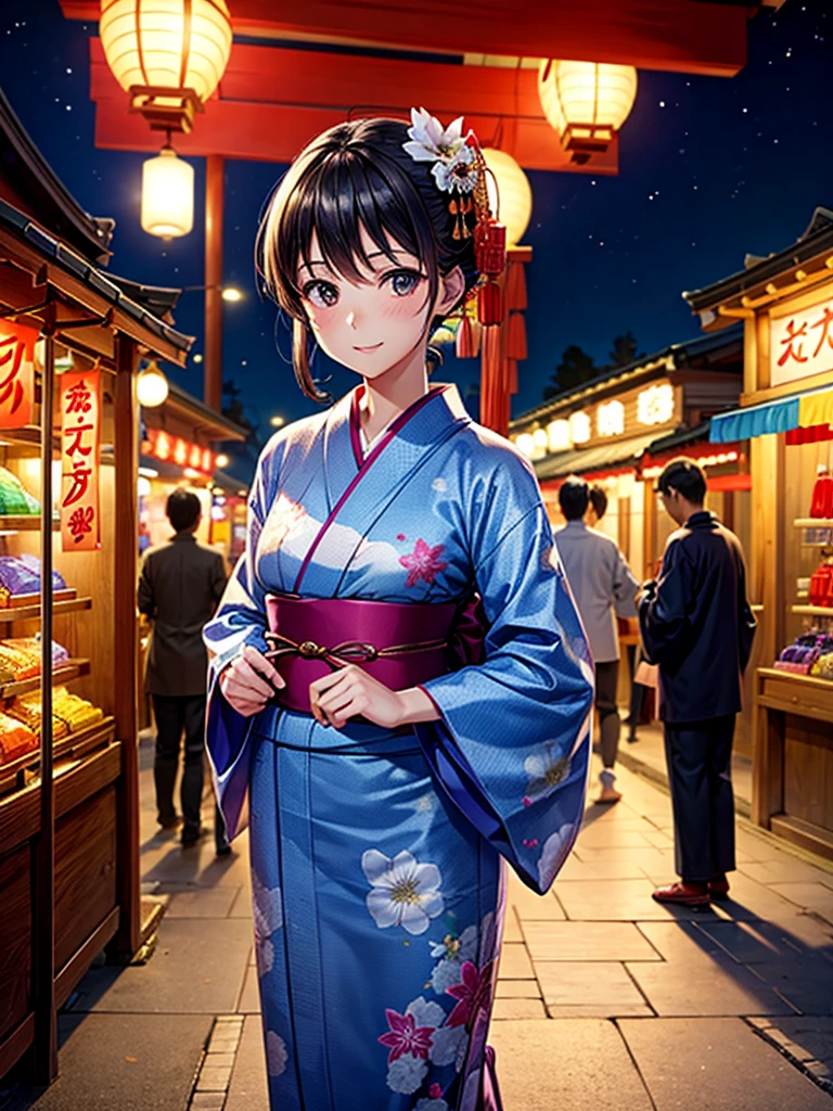 Highest quality,Highest Resolution,fair,Night Festival,shrine,Woman in yukata,stall,Opening a store,men and women,Couple,