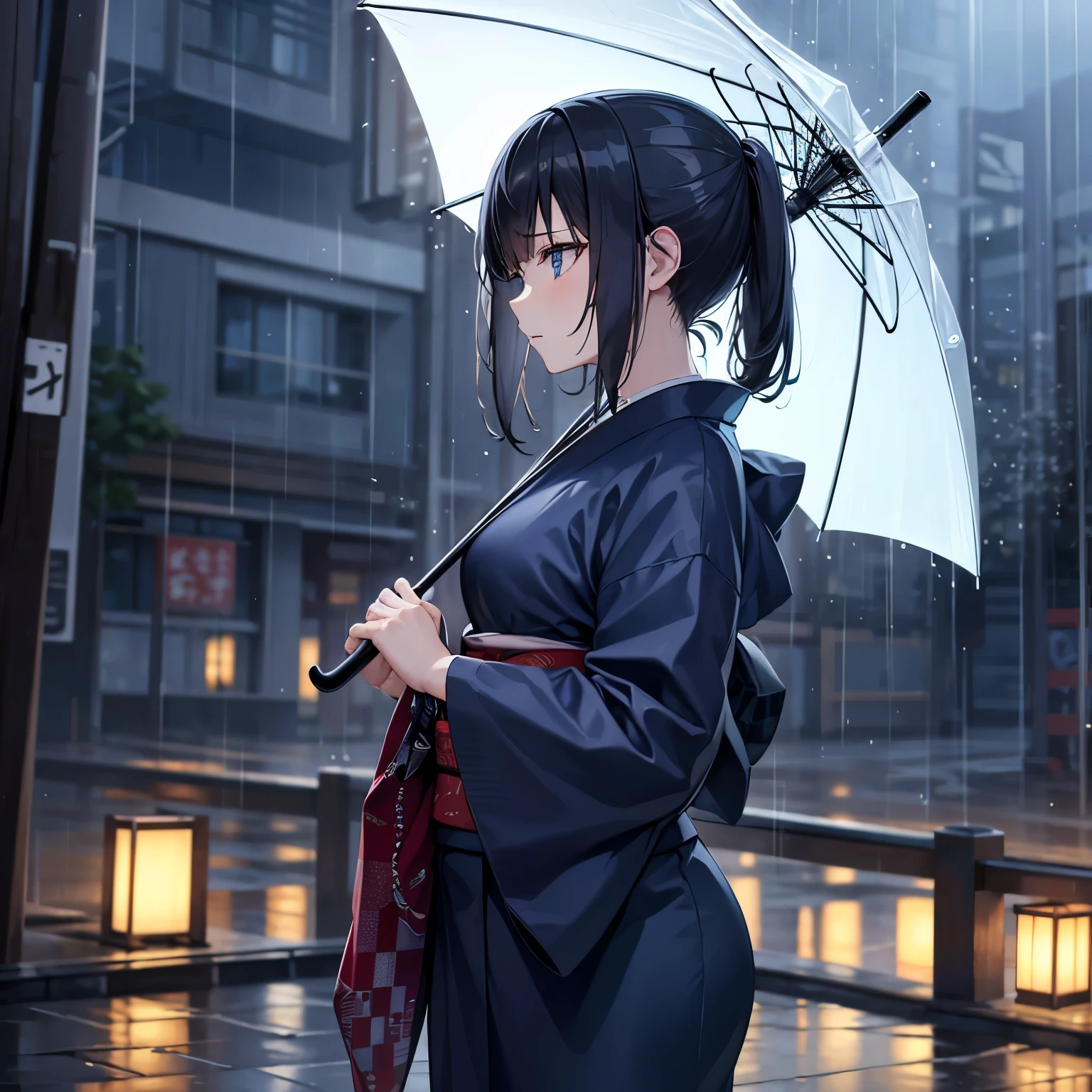 (best quality,8k,highres, masterpiece:1.2), (anime style),ultra-detailed, HDR, UHD, studio lighting, ultra-fine painting, sharp focus, physically-based rendering, extreme detail description, professional, vivid colors, bokeh, portraits, concept artists, warm color palette, dramatic lighting,rainy night,1 beautiful woman,(blue checkered pattern kimono),side view,walking japanese street,twinkled neon sign,Heavy rain, rain shining on neon signs,dark night,holding an umbrella,