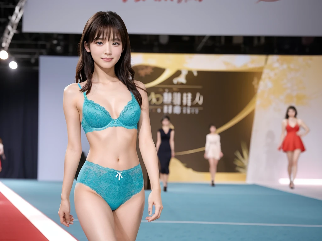 A live-action photo of an extremely beautiful Japanese high school girl race queen who highlights her beautiful breasts and legs.、She was photographed walking down the runway at a fashion show wearing the latest Laura Lingerie underwear.、She is an eternal idol who combines a clean look with modern charm.。 She creates such beauty。 She feels her own warmth。 She creates a warm atmosphere。 We create beauty。 That's what I want to say。 In her full body photo、The figure features porcelain-like skin and golden hair that radiates a soft glow.。 This is probably、It captured the essence of her timeless charm.、This is the best shot ever.。 Each straight line and curve is carefully expressed.、Breathtakingly beautiful with impeccable detail。 This piece perfectly captures her timeless beauty.。 Divine Proportions、Sharp focus、Full-body photo taken by Kishin Shinoyama、high quality、High resolution、Detailed Background