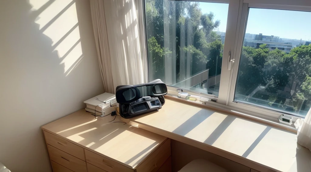 Daytime, room, windowsill, desk, slumber, twilight, white light, sunlight shining through the trees, glasses on the desk, view of the building, gentle breeze