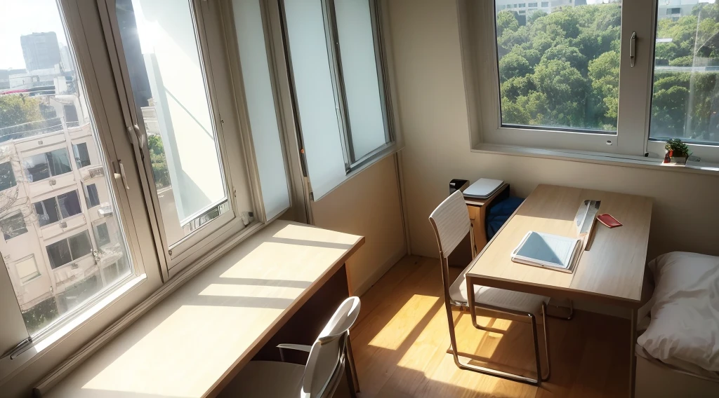 Daytime, room, windowsill, desk, slumber, twilight, white light, sunlight shining through the trees, glasses on the desk, view of the building, gentle breeze