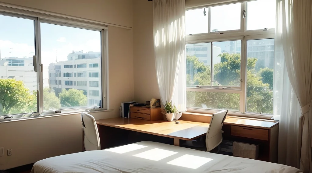 Daytime, room, windowsill, desk, slumber, twilight, white light, sunlight shining through the trees, glasses on the desk, view of the building, gentle breeze