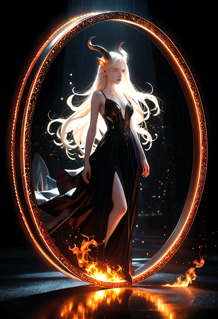whole body, Solitary,A beautiful female demon, With red glowing eyes, Albinos with very pale skin, Long hair fluttering in the wind, Floating flame particles, Long flowing transparent black dress, (Long and complex horns:1.2) desolate, surreal fantasy, at night, Geometric abstract art, fantasy, detailed, (Rim Light, Side lighting:1.4), Bokeh, 4K