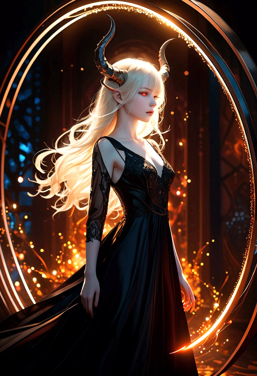 whole body, Solitary,A beautiful female demon, With red glowing eyes, Albinos with very pale skin, Long hair fluttering in the wind, Floating flame particles, Long flowing transparent black dress, (Long and complex horns:1.2) desolate, surreal fantasy, at night, Geometric abstract art, fantasy, detailed, (Rim Light, Side lighting:1.4), Bokeh, 4K