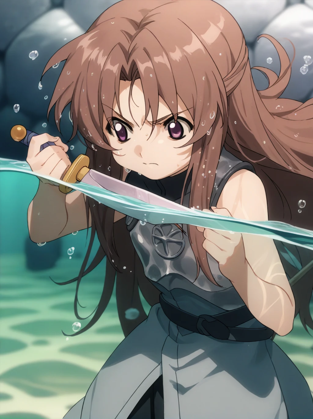 Partially underwater,最high quality,high quality, 4-year-old, , Long Hair, Brown Hair, Wet Hair, Blurred Edges,Flat Chest,Pitch-dark underground labyrinth,No light,Leather armor,Equipped with a dagger and a shield,Face above water,Body in water, Underwater Photography,The robe rolls up due to buoyancy,Painful face