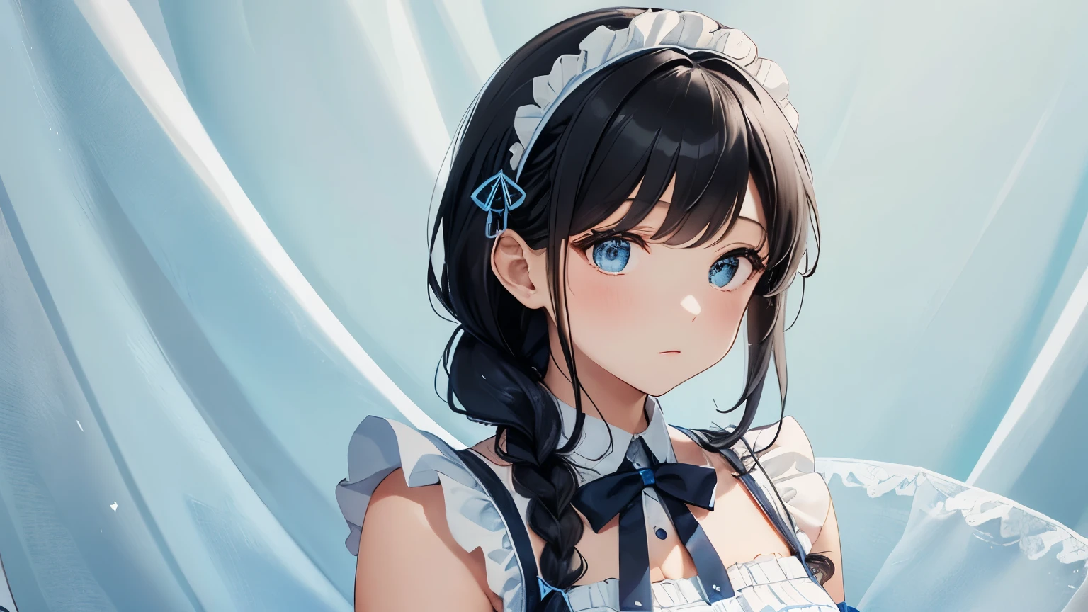 A beautiful girl wearing a light blue maid outfit with lots of frills and lace Black hair braid with hair ornament Upper Body