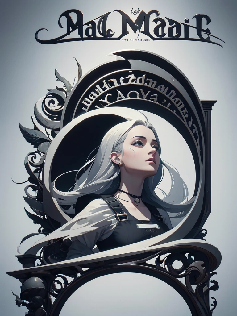 A captivating 3D conceptual rendition of the "Madre" brand logo. Set against a vintage cinema clapboard backdrop, the circular design features the brand name "Madre" in bold, cursive script, with letters in striking white and gray. Beneath the name, the slogan "Los hijos del dolor" is inscribed in a smaller, gray font. The overall design exudes a vintage elegance, with the black and white color scheme reminiscent of classic films. The 3D rendering adds depth and dimension, drawing the viewer into the world of the "Madre" brand., dark fantasy