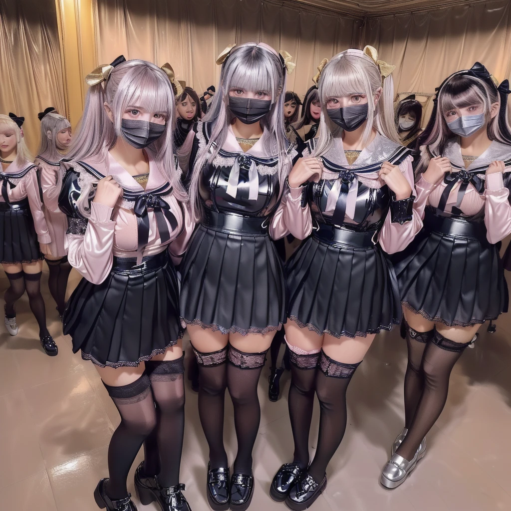 8K resolution, surreal, Super detailed, high quality, perfect anatomy, perfect proportion, full body,
((((A group photo of home party, crowded festival in room, 8 girls, group photo)))),
(((((shiny satin or latex, jirai fashion, sailor collar, sailor uniform with many frills, Lace, pleated skirt, micro mini skirt, bow ribbon))))),
(((black clothes | pink clothes | grey clothes))),
((grin, smile, happy)), ((((wearing black face mask)))),
((((bright bleached hair | silver hair | gold hair))))+, ((super large breasts)), hposing Gravure Idol,
(((shiny detailed oiled porcelain skin))),
(At the luxurious bedroom at late night), (((see-through black thighhighs))),
looking at viewer