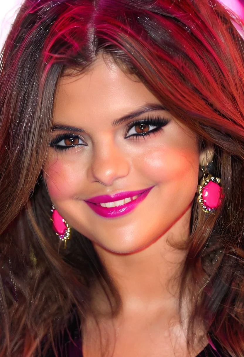 charming witch (Selena Gomez), bewitching bedroom eyes, thick lips, seductive smile, tanned tan skinned, vampiress, red lipstick, pink glossy lips, metallic eyeshadow, detailed face, slim body, smoky gaze, long hair, glowing eyes, night, under the rain, neon jewelry, sparkling earrings, wet, wet skin, wet hair, punk, tomboy, gothic lolita